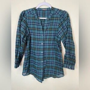 J McLaughlin Megyn Blouse Long Sleeve In Green Plaid Size XS.‎